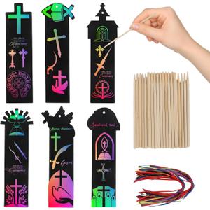 2 x Christian Rainbow Scratch Bookmarks,Easter Basket Stuffers,Party Favors 60 Ribbons 30 Bamboo Stylus Bible Art Crafts Sunday School Crafts Christmas Scratch Off Cards Religious Gifts