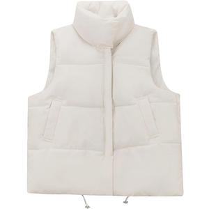 Cropped Puffer Vest Women Zip Up Stand Collar Winter Coats Sleeveless Quilted Padded Gilet Outerwear Short Down Coats  (Beige, M)