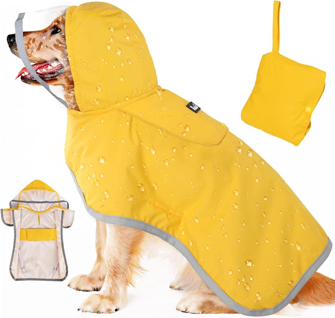 SlowTon Dog Raincoat, Adjustable Dog Rain Jacket Clear Hooded Double Layer, Waterproof Poncho with Reflective Strip Straps and Storage Pocket for Small Medium Large Dog (Yellow XL)