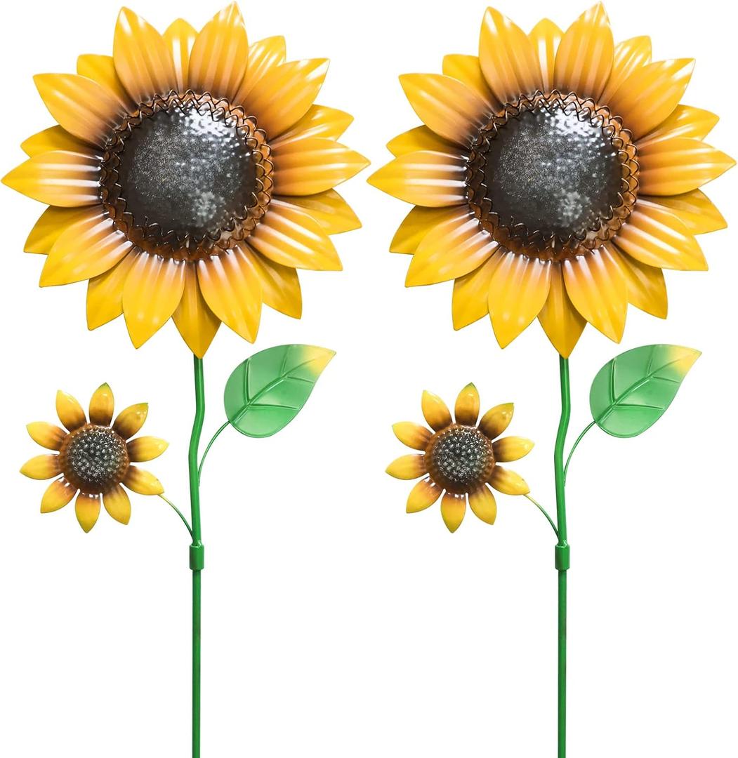 YEAHOME Garden Decor for Outside, 2 Pack 22.4 Sunflower Garden Stakes Spring Decor, Metal Flowers with Shaking Head Yard Art for Outdoor Yard Lawn Patio Decoration