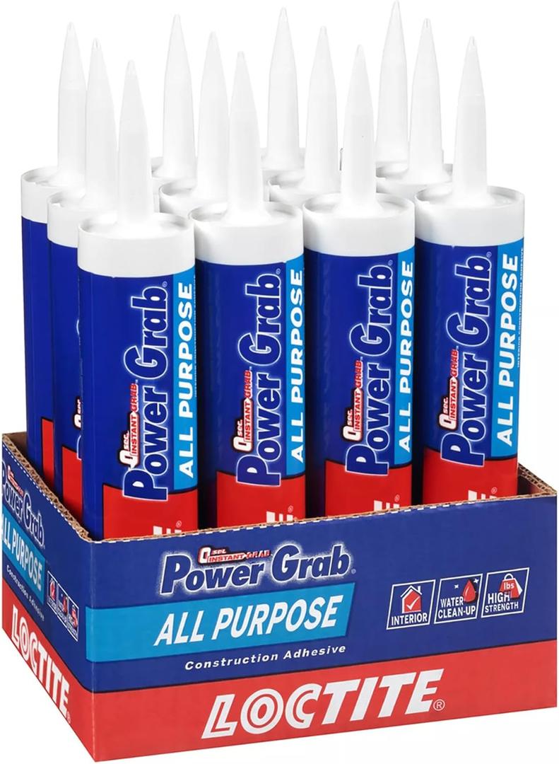 Loctite Power Grab Express All Purpose Construction Adhesive, 9 fl oz Cartridge, 12 Pack - Versatile Construction Glue for Cement, Tile, Wall & More