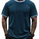 Herberton Men's Ringer Retro Casual Tee Summer New Shirts Rib-Knit Cuffs Plain Classic Trendy Knitted Cotton Solid Color Ribbed Heavyweight Gym Solid Crewneck Tshirt Navy XXL (Blue, XXL)