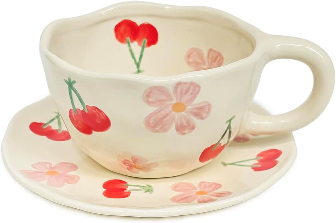 Cute Mug Flower Teacup and Saucers Set for Mom 8 oz (Red Cherry)