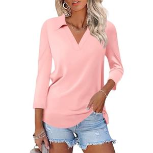 TICTICMISS Womens V Neck Polo Shirts 3/4 Sleeve Collared Tops Business Casual Summer Tops Trendy Loose L