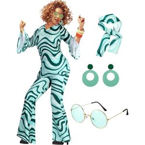 Leumoi 6 Pcs 60s 70s Disco Outfit Women Hippie Costume Accessories Flared Pants Headband Earrings Sunglass (Medium, Stripe)