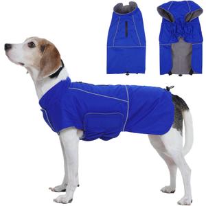 ROZKITCH Dog Snowsuit Raincoat Jacket, Waterproof Rain Jacket with Fleece Liner and Leash Hole Reflective Strip for Medium Large Dog, Adjustable Poncho Vest for Outdoor Hiking Travel Blue XL (XL(Chest: 24.4"-30"; Back:20"))