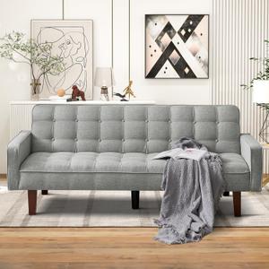 Wonder Comfort 73.62" Linen Futon Sofa Bed, Adjustable Backrest Convertible Loveseat Sleeper Couch with Tapered Wood Legs for Small Space Living Room, Gray (Grey)