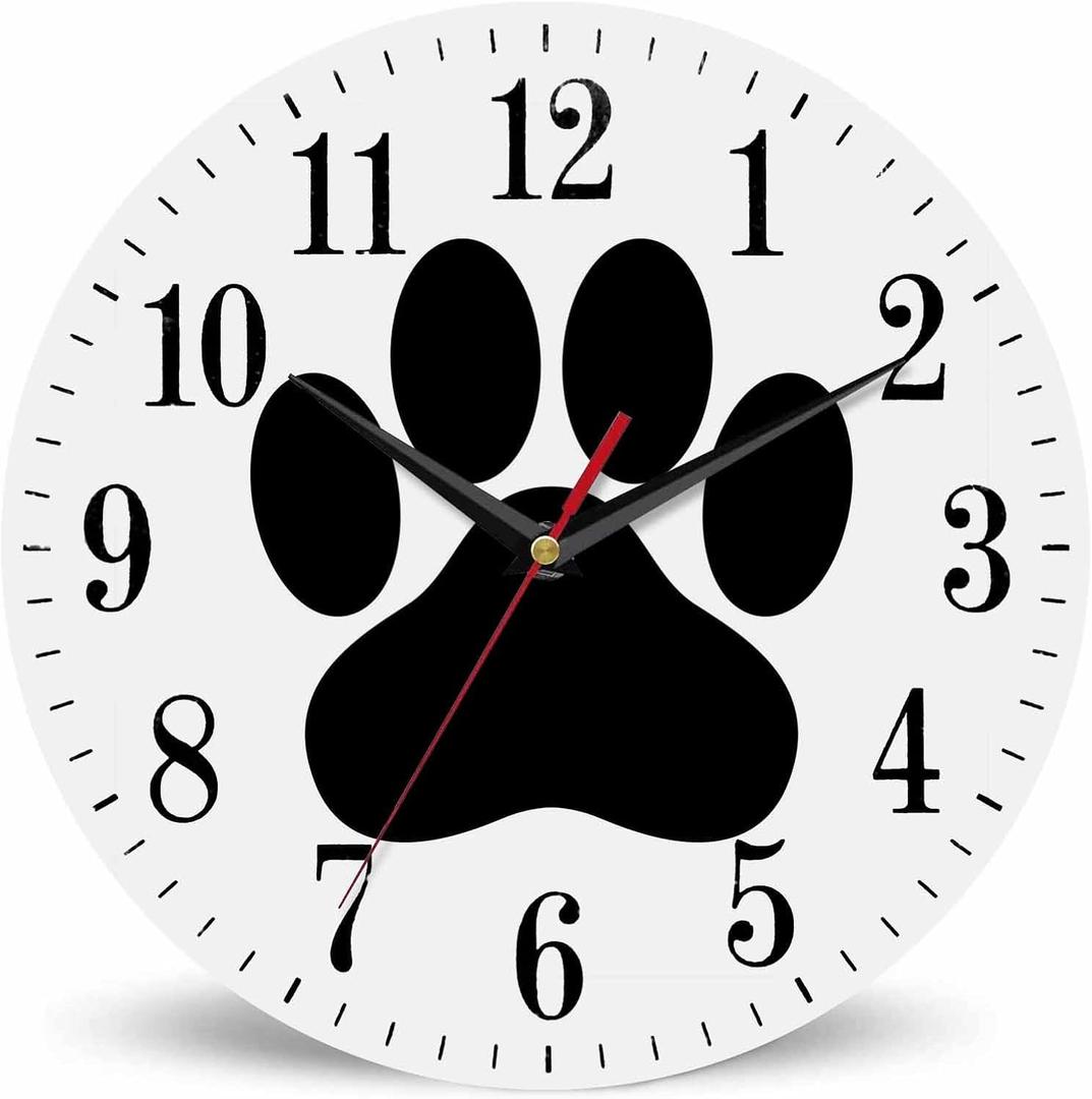 Mxocom Dog Paw Wall Clock Animal Puppy Black Cartoon Footprint 10 Inch Silent Non Ticking Battery Operated Clock Vintage Round Clock for Living Room Bedroom Bathroom Office Decor