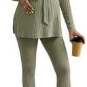 MakeMeChic Women's Maternity Clothes 2 Piece Outfit Long Sleeve V Neck Belted Tops and Leggings Lounge Set Army Green Medium