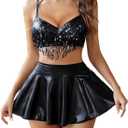 Avidlove 3-Piece Rave Outfits Women Faux Leather Sequin Fringe Crop Top Metallic Mini Skirt Club Festival Halloween Set (XX-Large, Black)