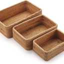 Natural Rattan Fruit Storage Baskets Rectangular Woven Wicker Box for Key Holder Remote Stackable Natural, Set of 3