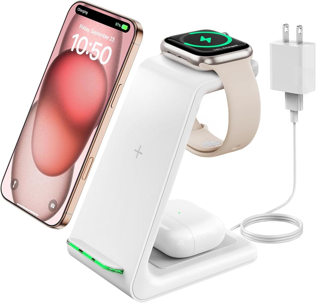 GEEKERA 3 in 1 Wireless Charging Station for Apple, Fast Wireless Charger Stand Dock for iPhone 17 16 15 14 13 12 11 Pro Max Plus XR XS X, Apple Watch Ultra/11/10/9/SE/8/7/6/5/4/3/2, AirPods Pro/4/3/2 (White)