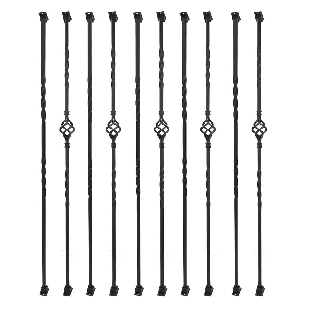 Sidasu 10 Pack Iron Balusters for Staircase Stair Spindles Hollow Single Basket with Double Twist 1/2" Square Metal Stair Balusters with 20 Baluster Swivel Shoes