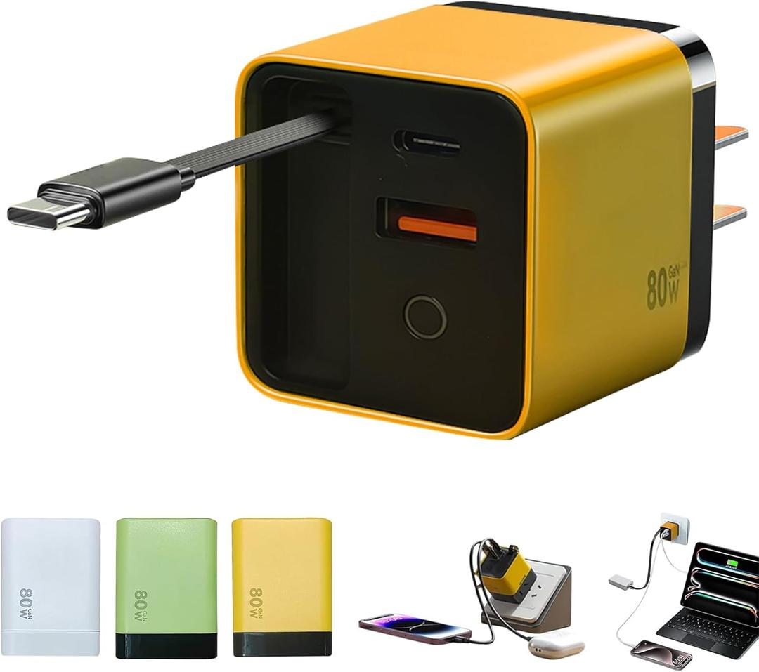 Retractable USB C Charger for iPhone 17,Scalable 80W Max Fast Charging Wall Plug,80W Retractable Phone Charger Plug with Retractable Cable for iPhone 17 Pro Max/16/15,Galaxy S26,Pixel 10,iPad,MacBook (Yellow)