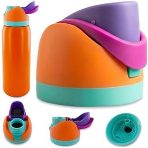 Water Bottle Replacement Lids – Compatible with 16oz, 24oz, 32oz & 40oz Bottles – 2-in-1 Drinking Options | One-Button Flip Water Bottle Top Replacement with Leak-Resistant Seal (Orange/Purple) Pack of 2