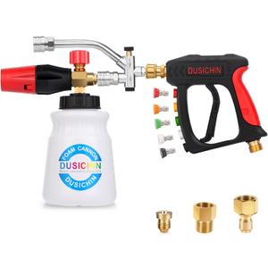 DUSICHIN Short Wand Pressure Washer Gun Foam Cannon 1/4" Quick Connector Pressure Washer Accessory,Car Wash Foam Gun Dual Ended Shift Connector 5 Pressure Washer Nozzles M22-14, M22-15 Brass Fittings