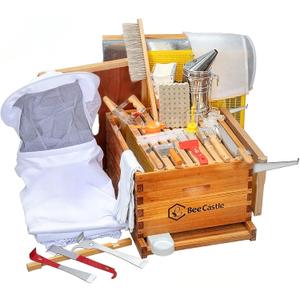 BeeCastle 8-Frame Bee Hives and Supplies Starter Kit,Beehive Kit Dipped in 100% Beeswax,Bee Keeping Supplies-All Beginners Kit Includes Beekeeping Supplies Tool Set and Bee Suit.