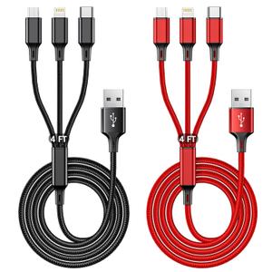 Multi Charging Cable, 4ft 2Pack Multi Phone Charger Cable Braided Universal 3 in 1 Charging Cord Extra Long Multiple USB Cable with USB C, Micro USB Port Connectors for Cell Phones and MoreRed+Black)