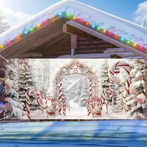 16 x 7 ft Christmas Candy Cane Garage Door Decorations Extra Large Xmas Hanging Outdoor Banner Backdrop Garage Winter Snow Scene Cover for Christmas Eve Holiday Party Decor Supplies