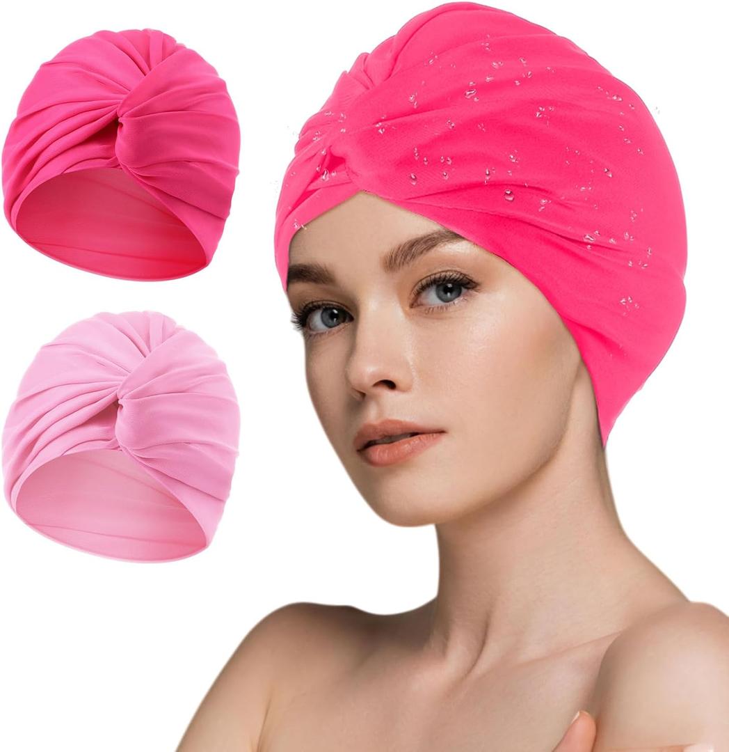 Swim Caps for Women Polyester Turban Strong Non-Slip Swimming Hat Elastic Swimming Pool Cap for Long and Short Hair (Pink, Rose Red)
