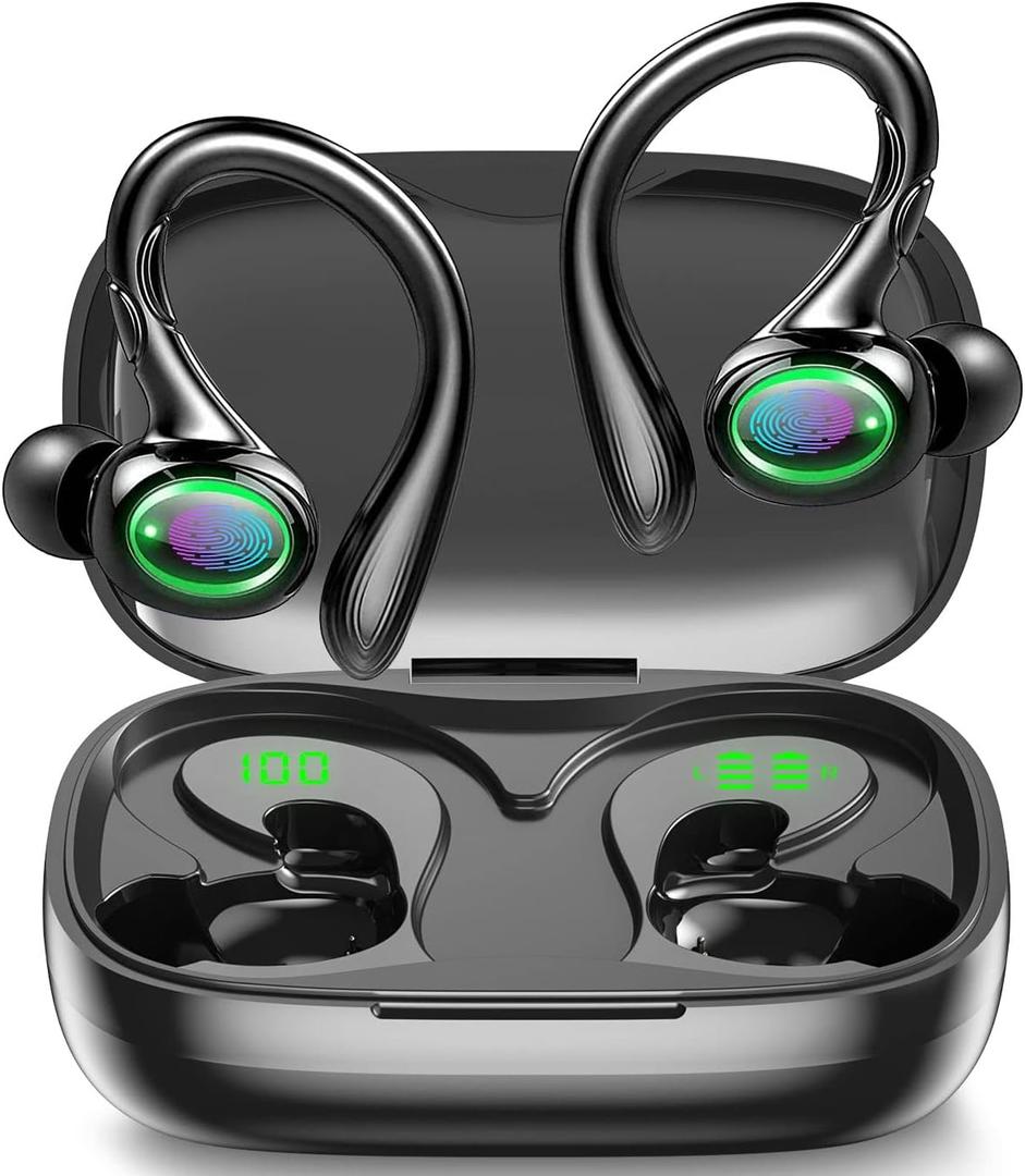 Wireless Earbuds, 60H Playback Bluetooth 5.3 Headphones,Noise Cancelling Wireless Headphones with LED Battery Display, Mics Clear Call, IPX7 Waterproof Bluetooth Earbuds for Workout Sports (BLACK) (BLACK)