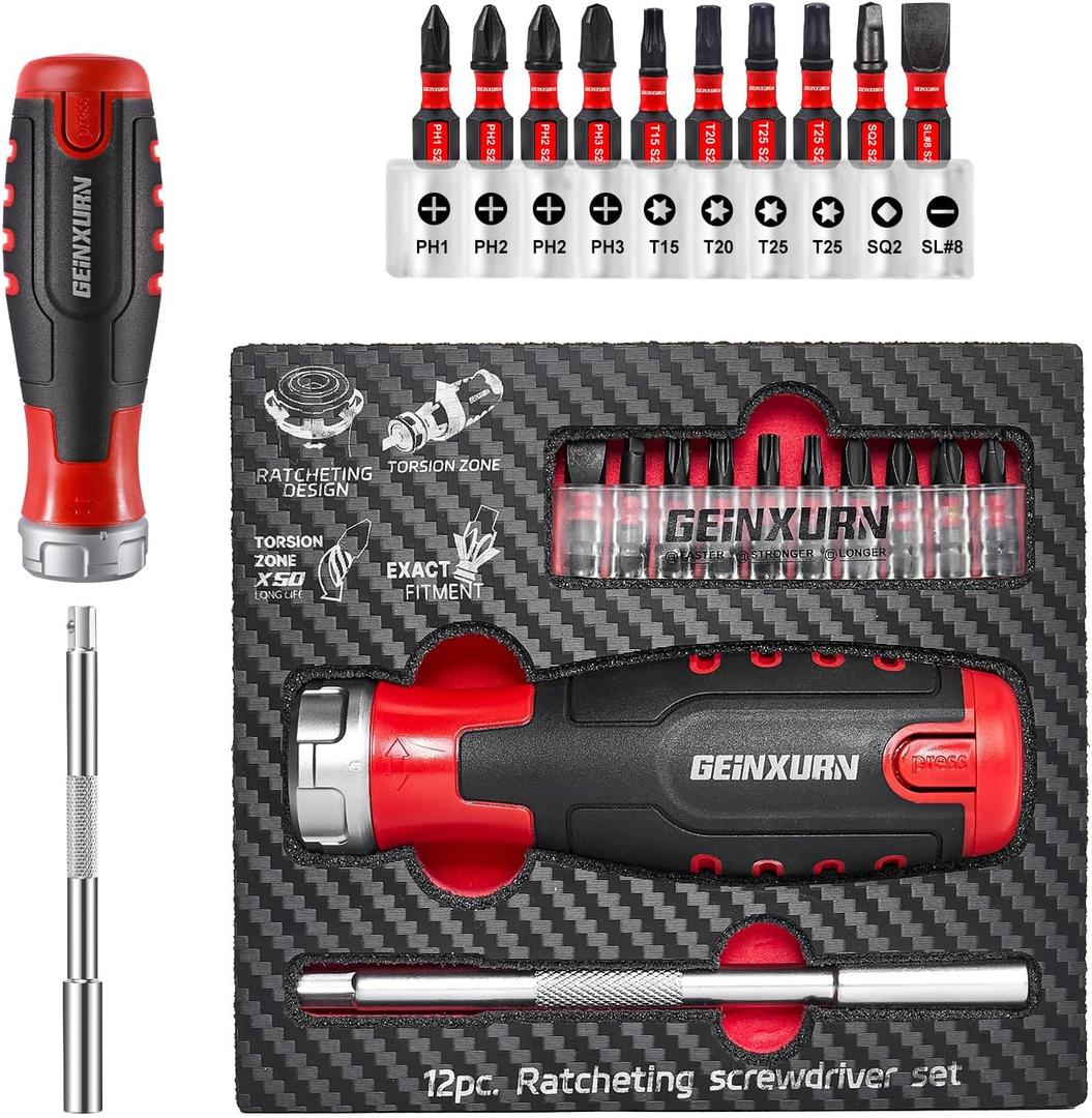 12Pieces Ratcheting Screwdriver Set, 12-in-1 Multi-bit Magnetic Screwdriver Quick-Load Mechanism, S2 Steel Phillips, Slotted, Torx, Square Bits, Impact Bit Holder with Eva Foam Storage Tray