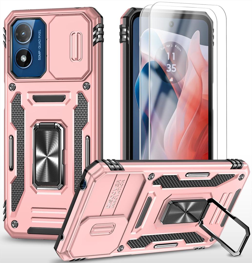 PhuLok Compatible with Motorola Moto G Play 2024 Case[4G Version] with HD Screen Protector,[Slide Camera Cover][Kickstand][Military-Grade] Heavy Duty Protection (Rose Gold)
