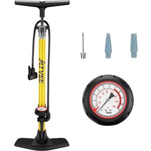 Bike Pump, 25 Height Full Size Bicycle Pump with 160 PSI High Pressure, Bike tire Pump with Presta and Schrader Valve, Bike Air Pump for Bike Tires, Balls and Swimming Ring,Bike Pumps with Psi Gauge (Yellow,Mechanical Guage)