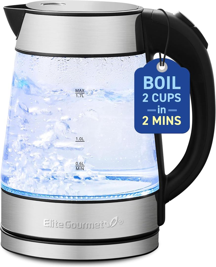Elite Gourmet EKT-602 Electric BPA-Free Glass Kettle, Cordless 360 Base, Stylish Blue LED Interior, Handy Auto Shut-Off Function  Quickly Boil Water For Tea & More (Stainless Steel/Glass)