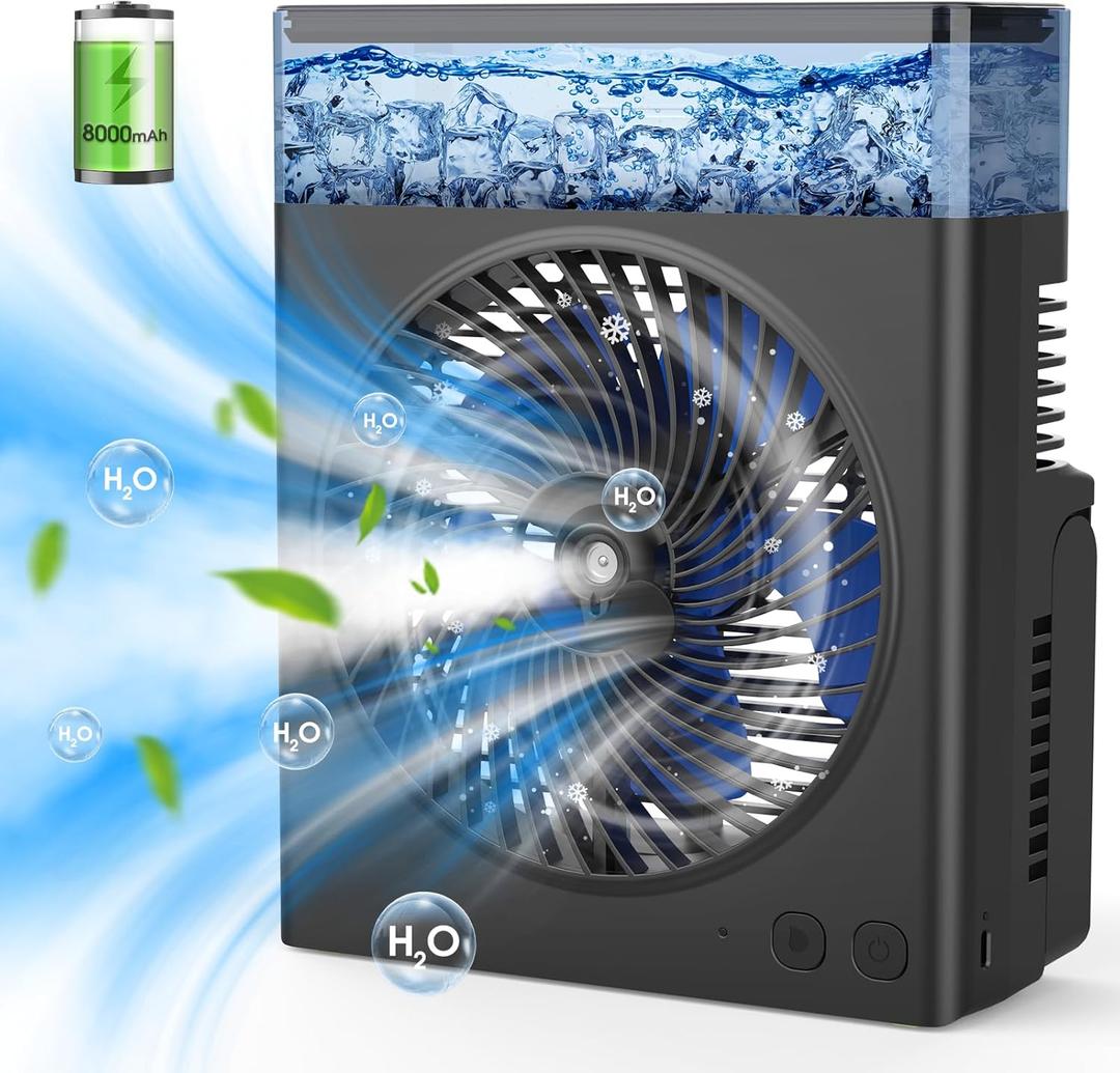 Misting Fan Portable, 8000mAh 8-Inch Rechargeable Battery Operated Fan with 600mL Water Tank, Cooling Desk Misting Fans for Outside, Perfect Quite Mist Water Spray Fans for Home Office Camping Patio (Black)