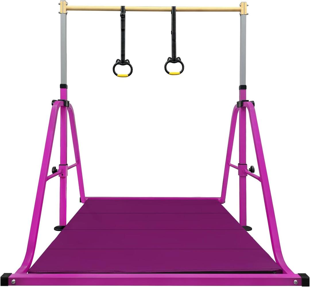 Foldable Gymnastics Kip Bar with Mat and Ring Set,3' to 5' Height Adjustable,Kids Gymnastic Equipment for Ages 3-15,Indoor and Home Training- Max Load 350LBS (VIOLET)