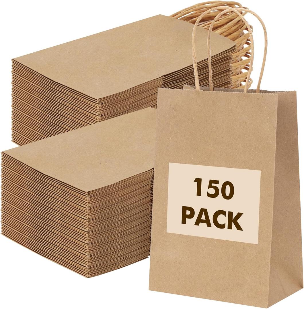 OUTUXED 150pcs Brown Paper Gift Bags, 8x4x10in Brown Kraft Paper Bags with Handles Bulk Medium Size for Retail, Shopping, Wedding, Favor, Birthday Party, Business, Grocery