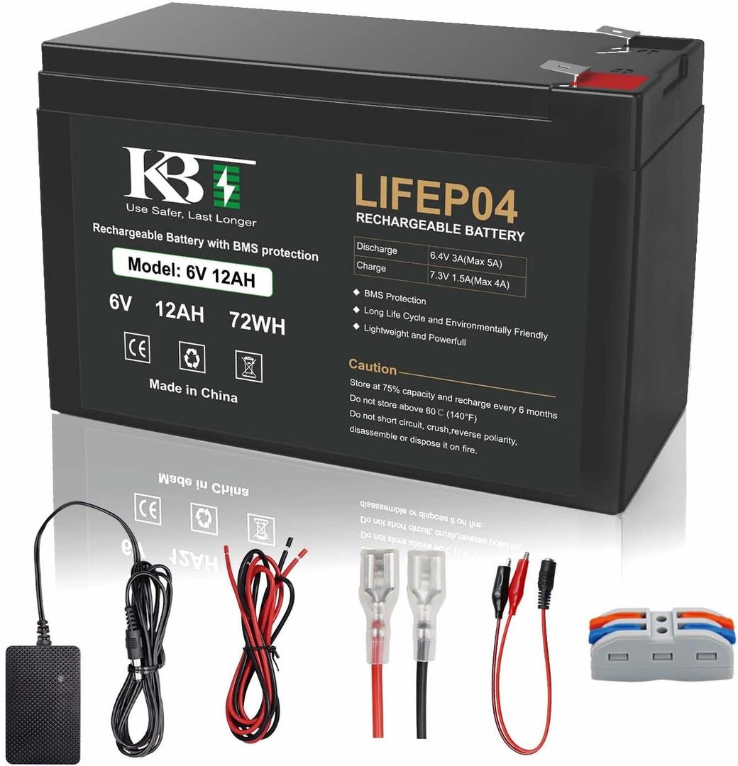 KBT 6V 12Ah Rechargeable LiFePO4 Lithium Battery Replacement, Long Lasting Life, with Charger for Ride on Toys, DIY Project, Emergency Light Equipment, Deer Feeder