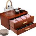Tea Organizers and Storage Box with Drawer Tea Station organizer for Countertop with 8 Compartments Pine Wood Tea Bag Organizer with Drawer Teabag Holder with 4 Cotton Woven CoastersBrown02
