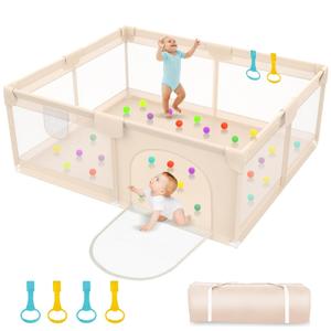 Playpen for Babies and Toddlers 79x71inch - Extra Large Baby Gate Play Pen with Soft Breathable Mesh Cover - Indoor and Outdoor Baby Playard - Portable Playpen for Babies (Apricot) (79x71)