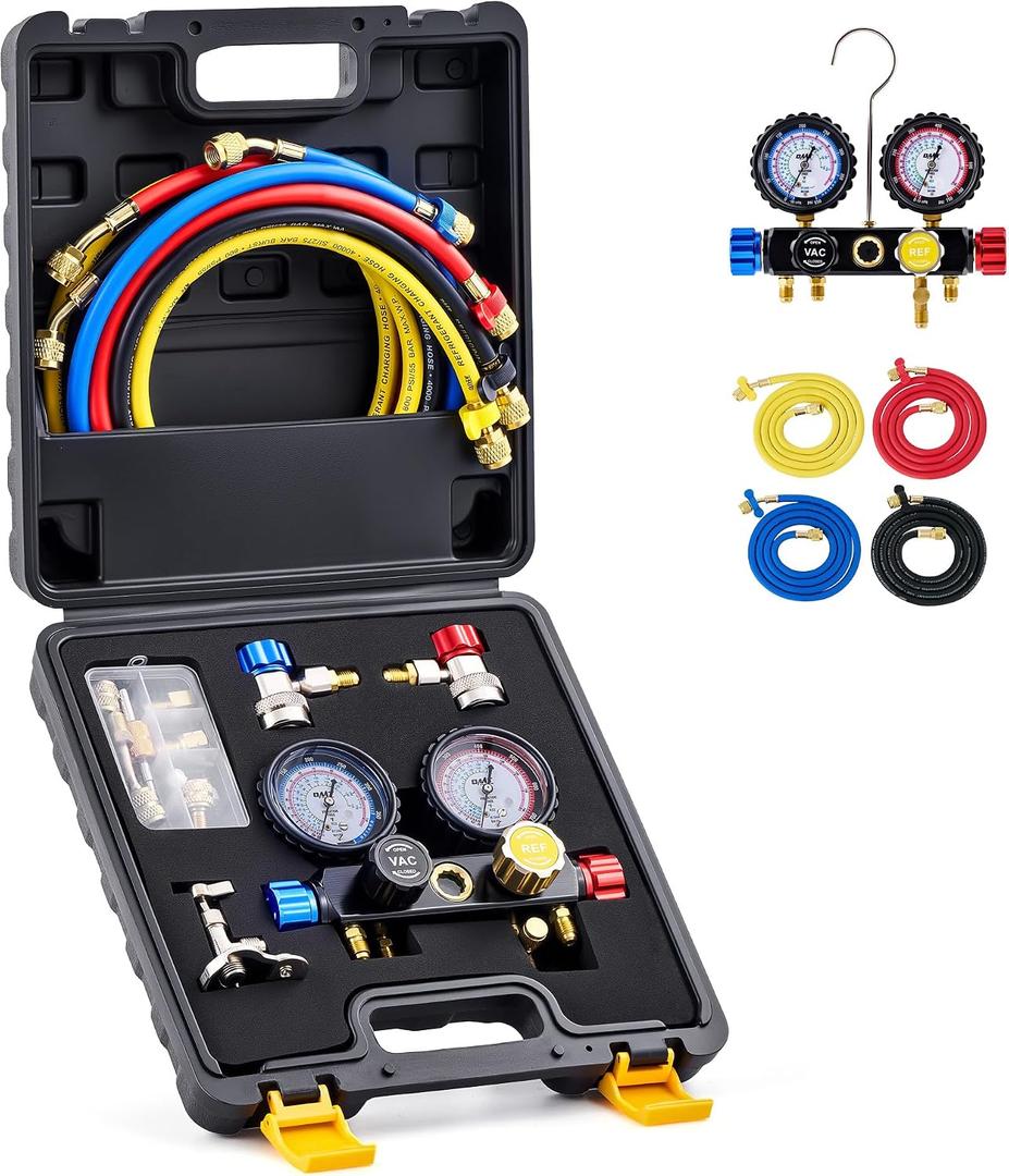 Orion Motor Tech 4 Way AC Gauge Set for R410a R22 R134a Refrigerant, 4 Valve Automotive AC Manifold with 5ft Hoses, R410a Adapters, Can Tap