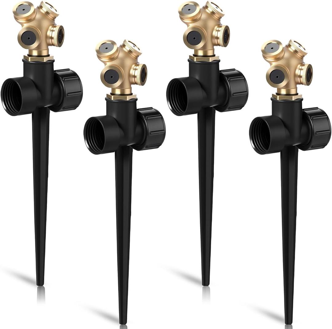 Tioncy 4 Pack Metal Lawn Sprinkler with Brass Nozzle, Heavy Duty Garden Spike Sprinkler Automatic Irrigation Tool for Lawn Garden Yard Greenhouse(Multi Nozzle,Black)