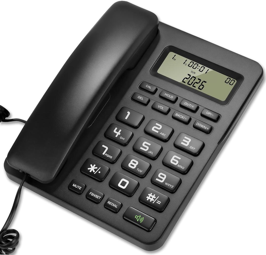 Corded Landline Phones for Home/Office, Desk Corded Telephone with Display and Adjustable Volume, Support Music on Hold, Speakerphone, DND and Calculator Function, Uvital House Phone (Black)