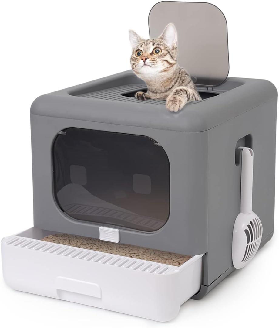 Foldable Enclosed Cat Litter Box with Front Door & Top Entry, Pull-Out Drawer Type, Cat Toilet with Lid, Easy Cleaning and Anti-Splashing Litter Tray with Plastic Scoop (Grey)