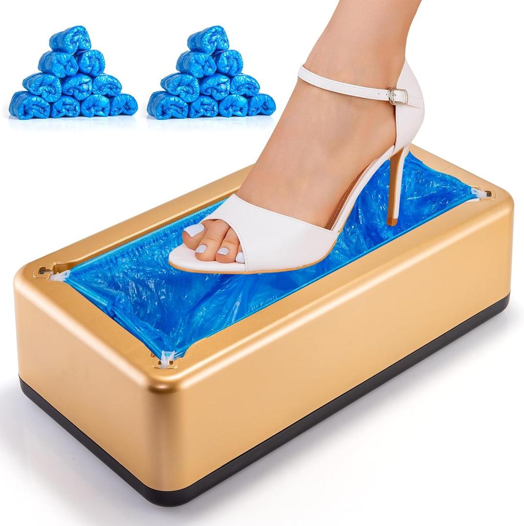 Shoe Cover Dispenser with 200 Pcs Disposable Shoe Covers Automatic Shoe Cover Dispenser Fits Size Up to 11 US Men and up for Home, Factory, Hospital Gold)