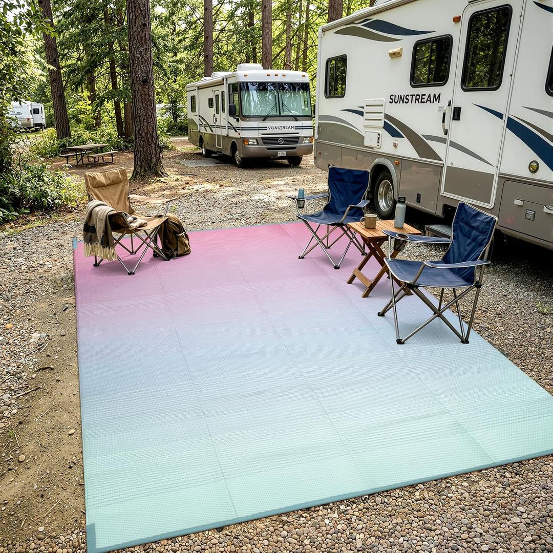 Lahome Reversible Rv Rugs for Outside Camping, 8x10 Waterproof Pool | Portable Beach Area Rugs Lightweight Plastic Straw Carpet for Porch Backyard Garden, Pink Blue 8'x10'
