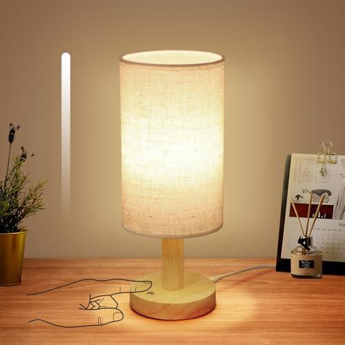 Small Corded Touch Bedside Table Lamp with Stepless Dimming, Natural Round Wood Base & Linen Fabric Shade, USB-Powered Cozy Ambient Night Light for Bedroom, Nightstand,Kitchen, Nursery,Camping