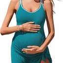 Summer Mae Ribbed Maternity One Piece Swim Dress Pregnancy Swimsuit with Built-in Bottom Swimwear Tie Knot Skirt Bathing Suit (6-8, Turquoise)