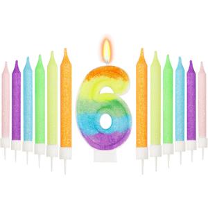 Rainbow 6th Number Candle for Cake, 13 Pcs Birthday Candles Set, Pastel Rainbow Cake Topper Birthday Party Decorations (Number 6)