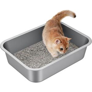 Stainless Steel Litter Box - Metal Small Cat Kitty Litter Box Pan, Indoor Low Entry Litterbox Tray, Odor-Free, Non-Stick, Easy Cleaning Pet Toilet Supplies for Kitten, Rabbit, Dog