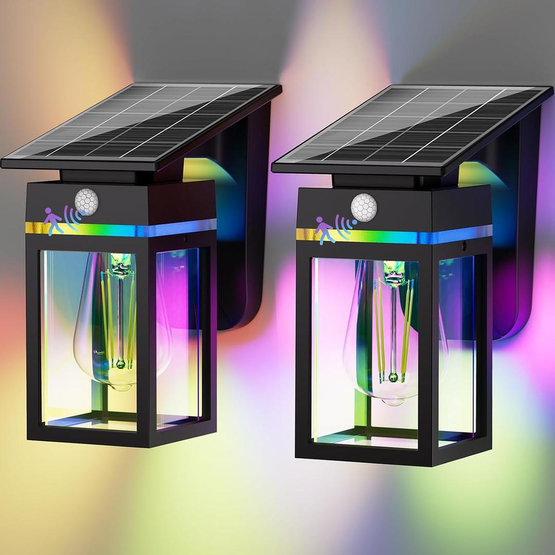 2 Pack RGB Solar Wall Lights Outdoor, Dusk to Dawn & Motion Sensor Porch Light with Lantern Shape, 10 Modes (RGB Cycle/Fixed) IP65 Waterproof, E26 Bulb Exterior Sconce for Front Porch, Garage, Patio