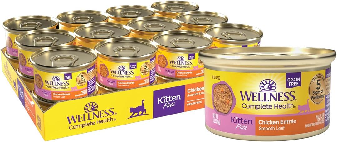 Wellness Complete Health Pate Kitten Canned Wet Cat Food, Natural, Protein Rich, Grain Free, Chicken Entrée Recipe, 3 oz, Pack of 24 Cans