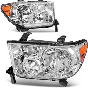 AUTOSAVER88 Headlight Assembly Compatible with 2007 2008 2009 2010 2011 2012 2013 Tundra/ 2008-2017 Sequoia Headlamp Replacement Chrome Housing Amber Reflector Clear Lens