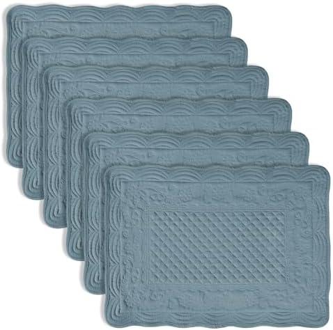 Light Blue 100% Cotton Quilted Placemats Set of 6, Rectangular Placemats Machine Washable-13x18 inches for Kitchen or Dining Table Fabric Rectangular Table Mats (13"x18")