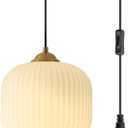 KCO Lighting Plug in Modern Globe Pendant Light Vintage Milk Glass Hanging Light Antique Brass Pendant Lights Kitchen Island Striped Glass Ceiling Light Mid Century Gold Hanging Lamp